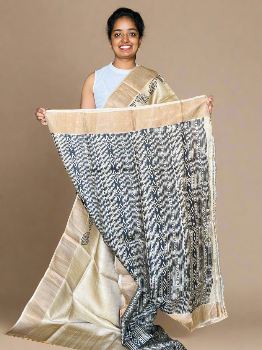 Golden Tussar Silk Saree with Prints