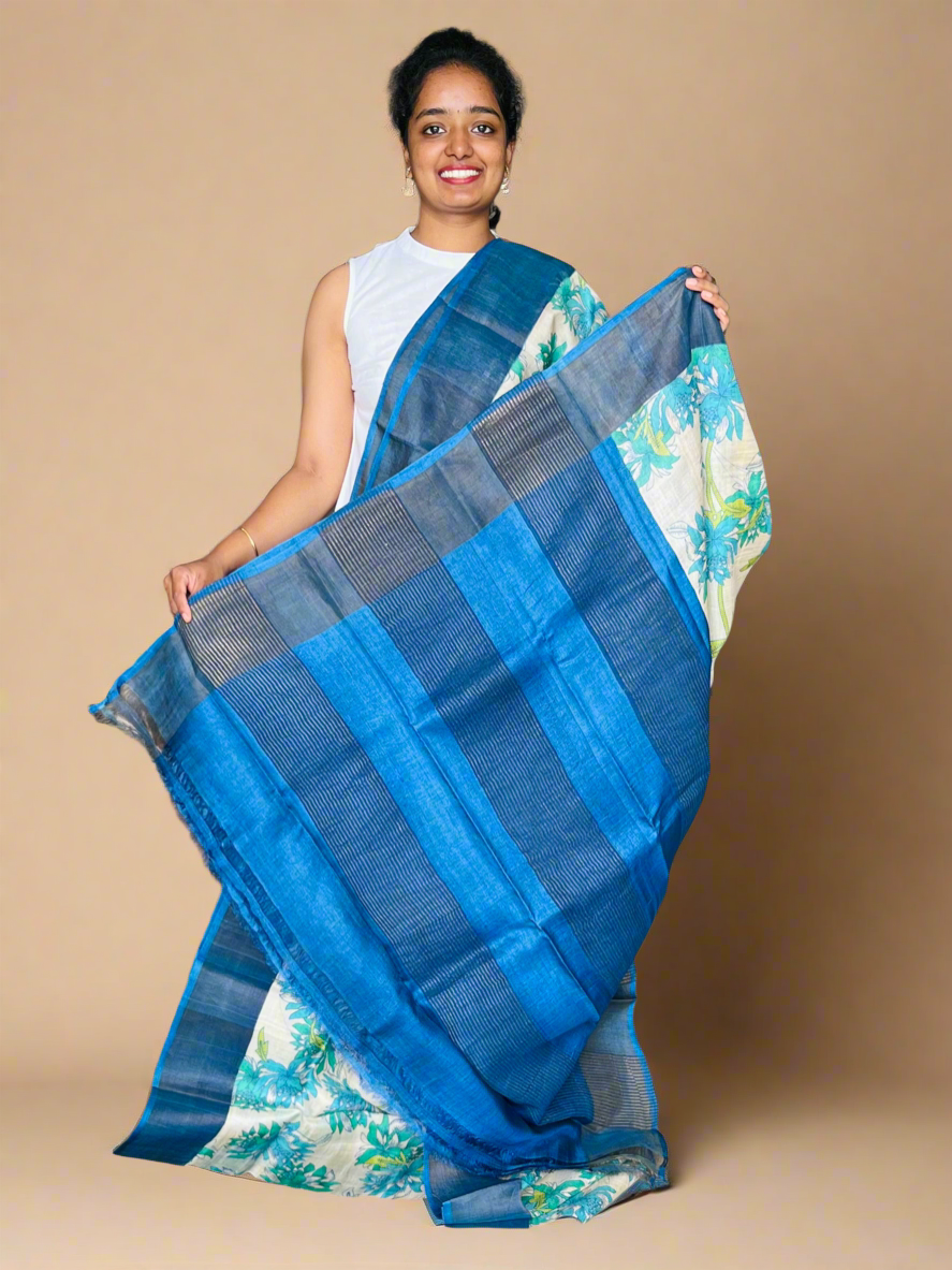Cream and Blue Tussar Silk Saree with Prints