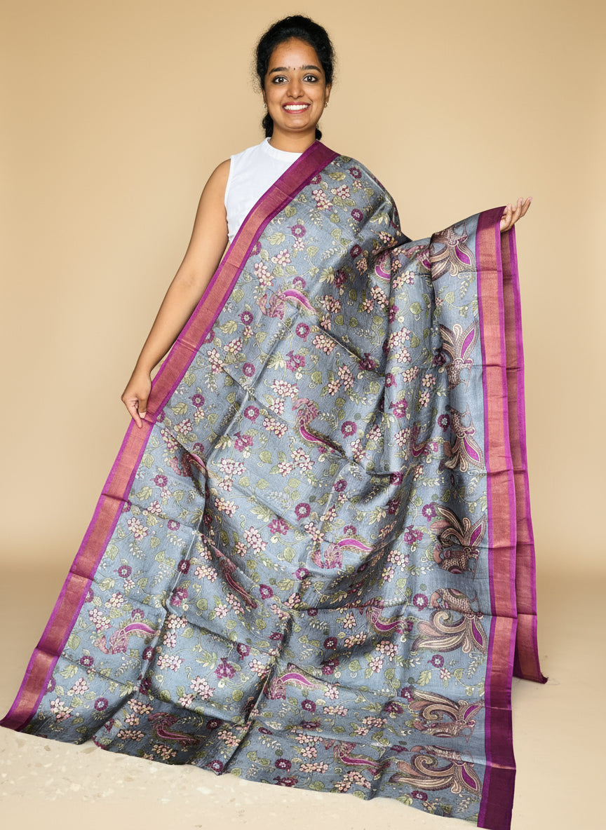 Grey and Magenta Tussar Silk Saree with Prints