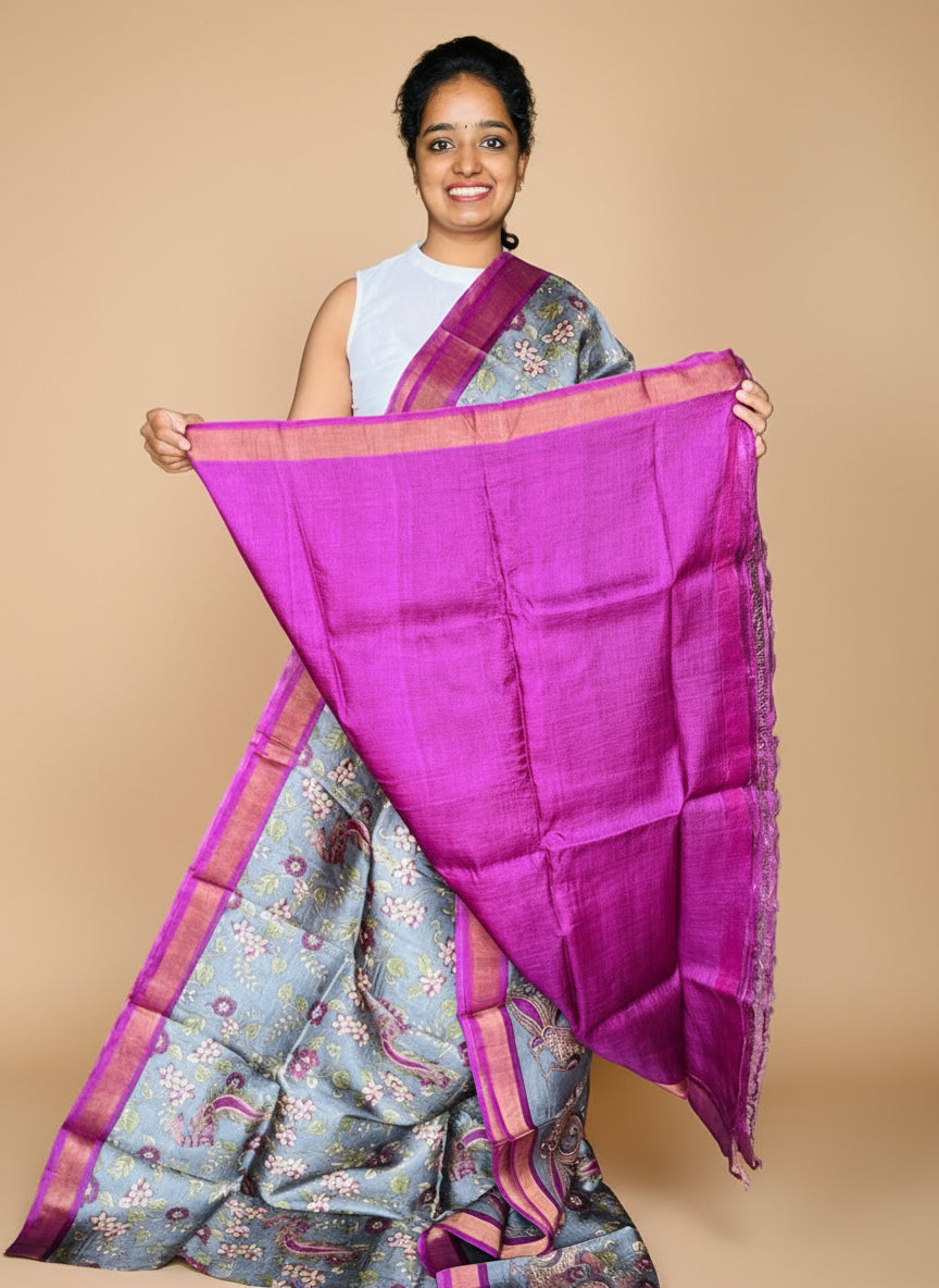 Grey and Magenta Tussar Silk Saree with Prints