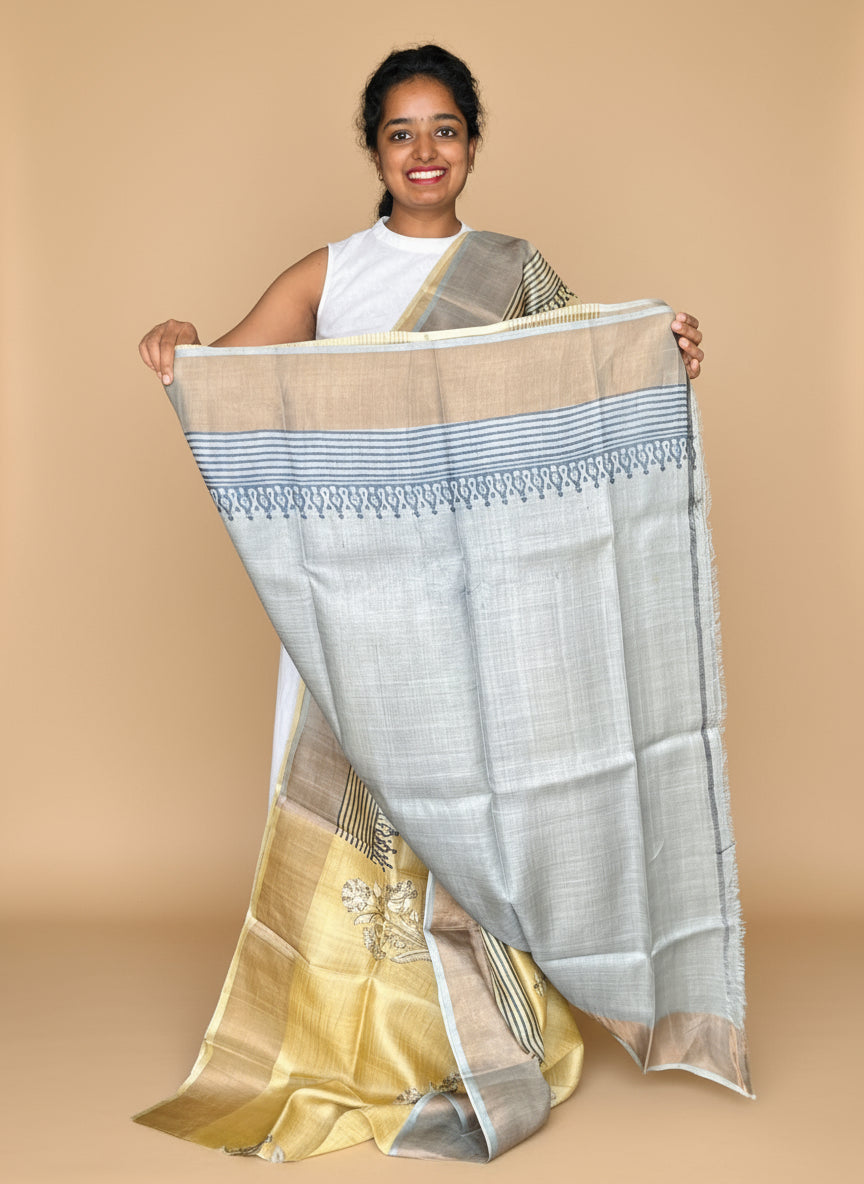 Yellow and Grey Tussar Silk Saree with Prints