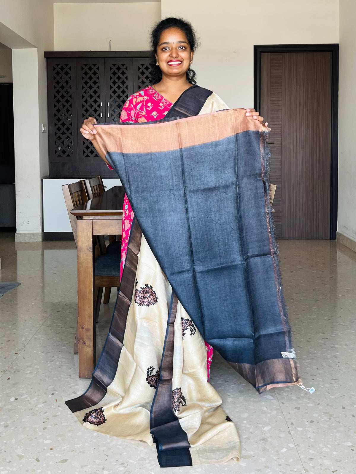 Cream and Black Tussar Silk Saree with Prints