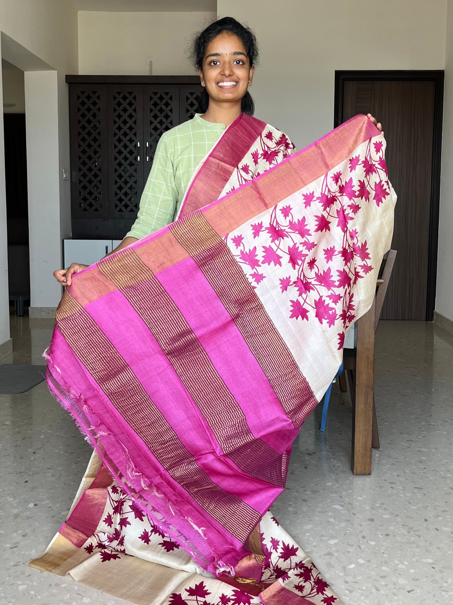 Cream and Magenta Tussar Silk Saree with Prints