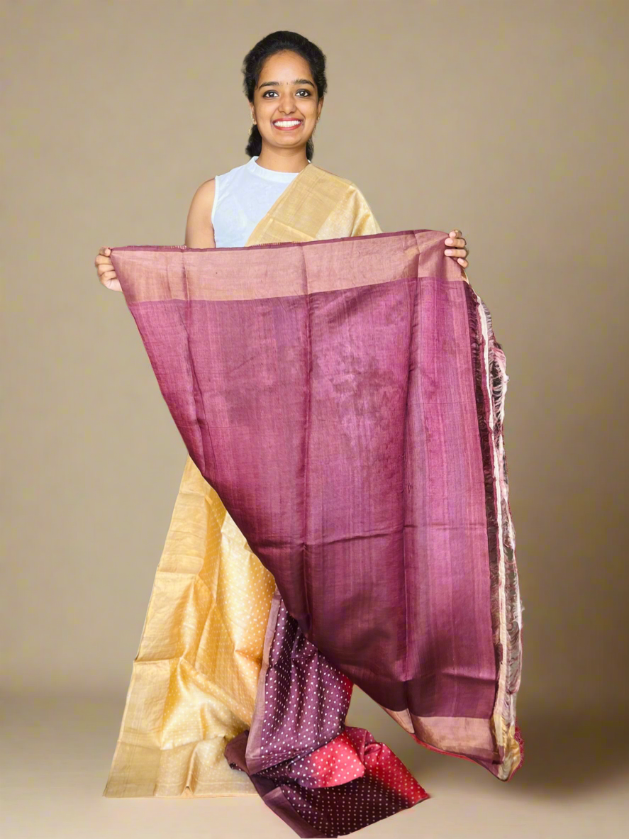 Sandal and Maroon Tussar Silk Saree with Print