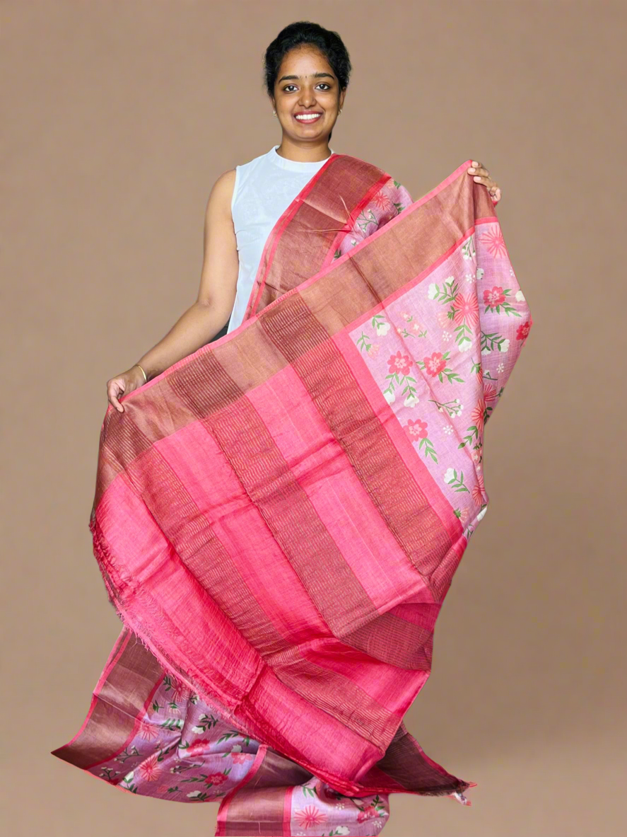Pink and Peach Tussar Silk Saree with Prints