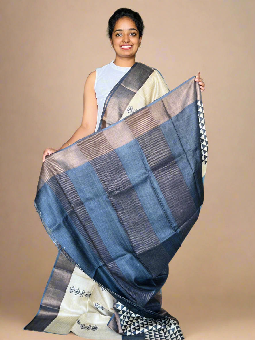 Cream and Black Tussar Silk Saree with Prints