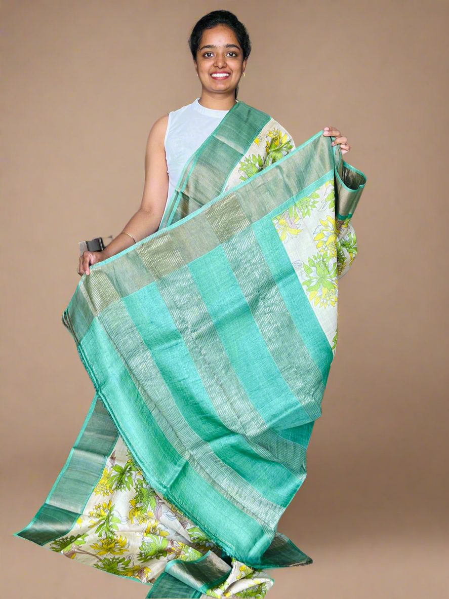 Cream and Green Tussar Silk Saree with Prints