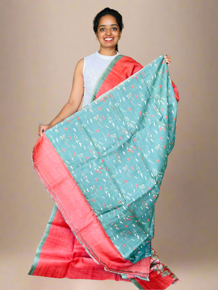 Red and Olive Green Tussar Silk Saree with Prints