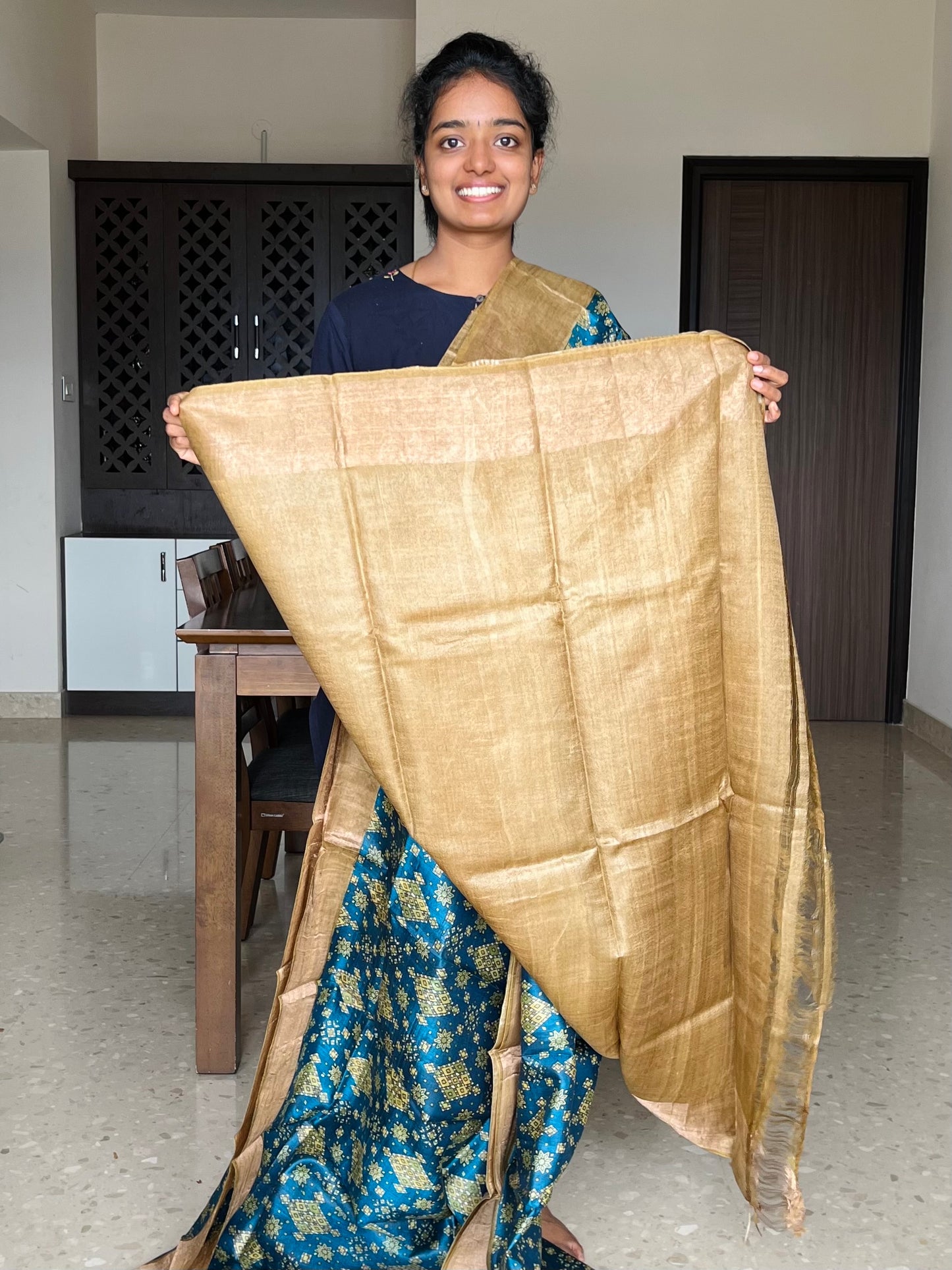 Royal Blue and Gold Tussar Silk Saree with Prints