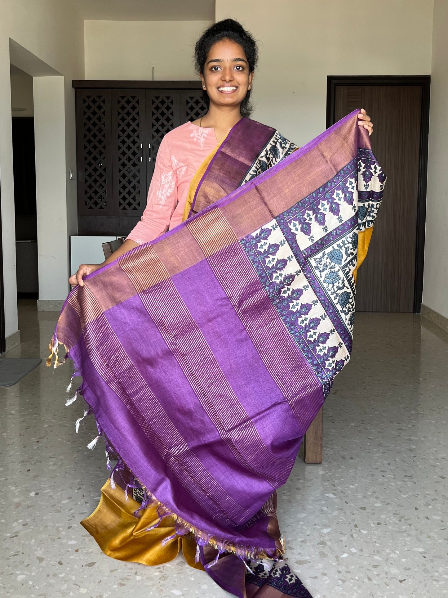 Yellow and Violet Tussar Silk Saree with Prints