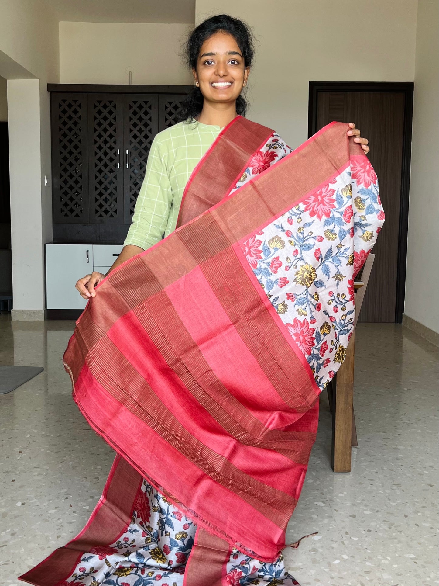 Off White and Peach Tussar Silk Saree with Floral Prints