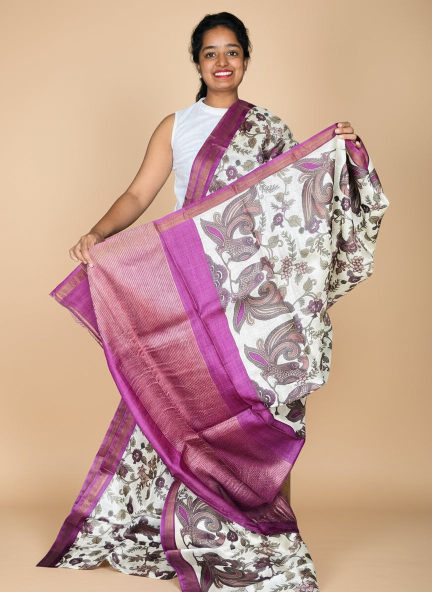 Cream and Magenta Tussar Silk Saree with Prints