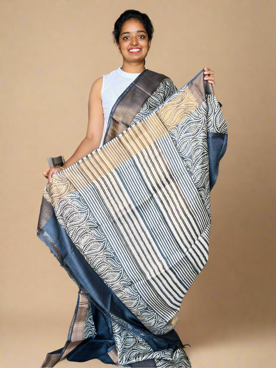 Black Tussar Silk Saree with Prints
