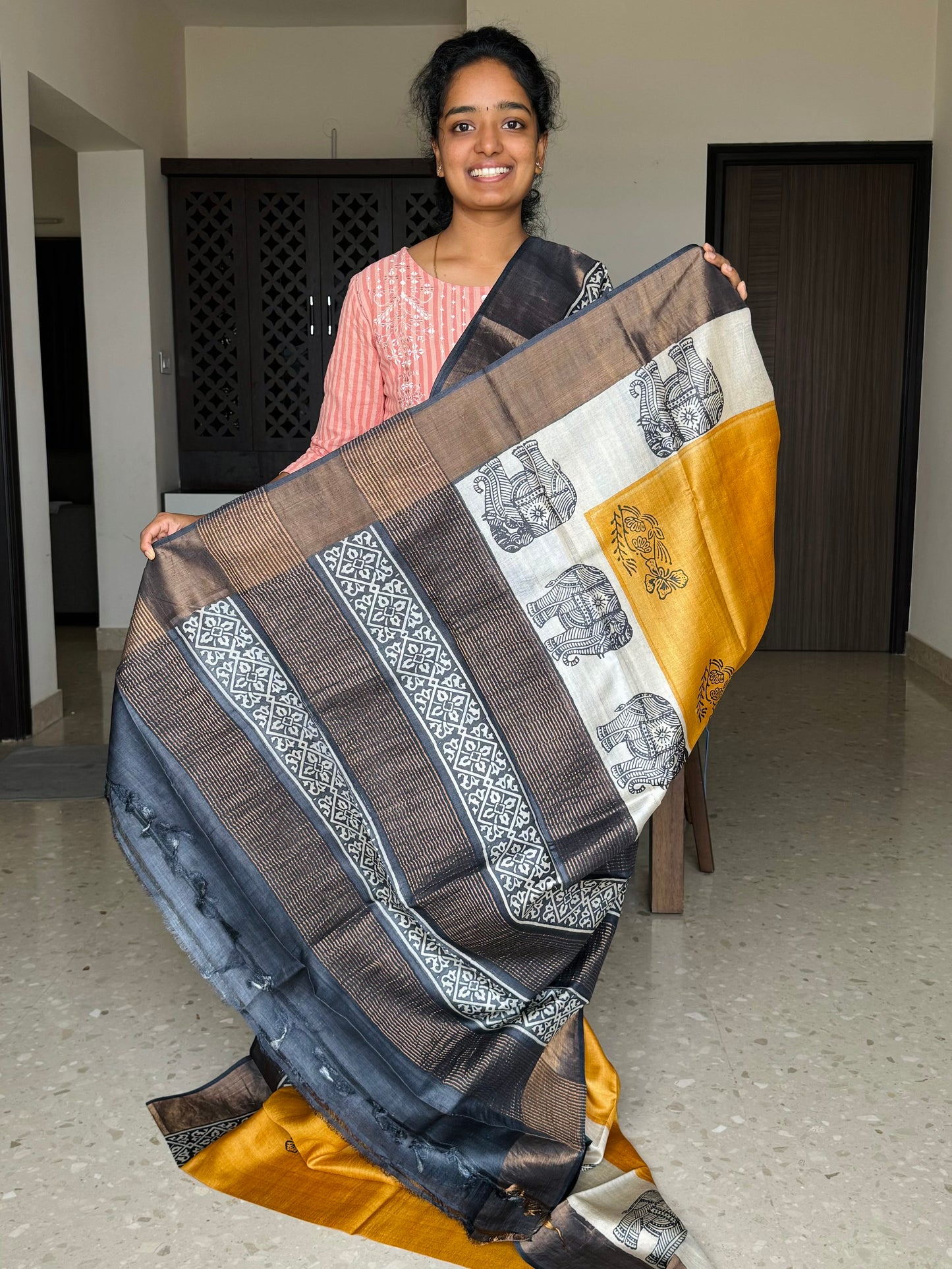 Yellow and Black Tussar Silk Saree with Prints