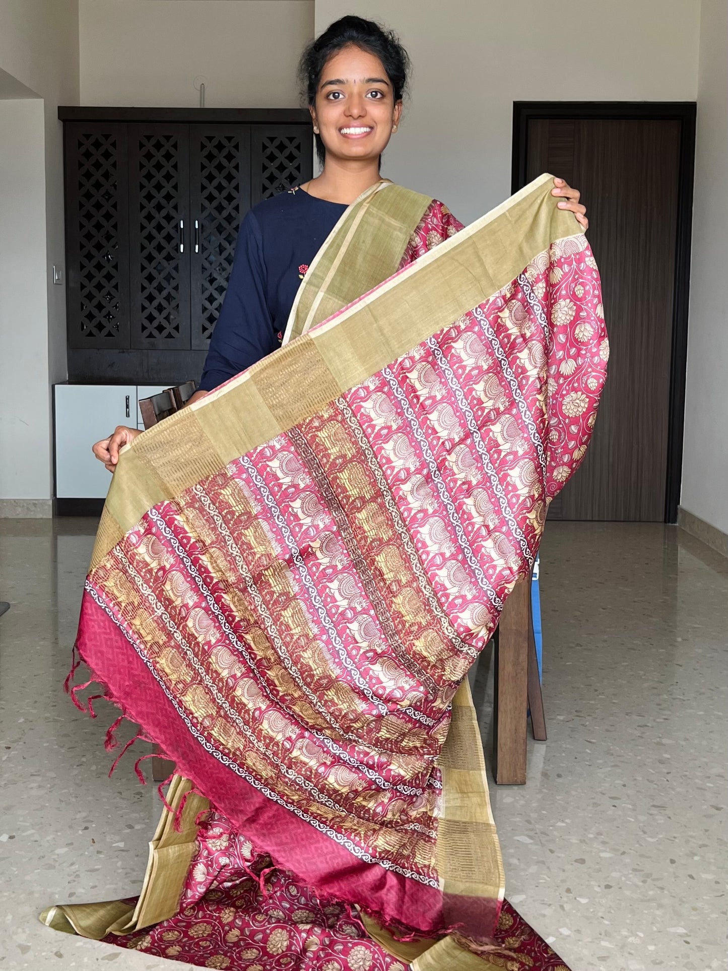 Maroon Tussar Silk Saree with Prints