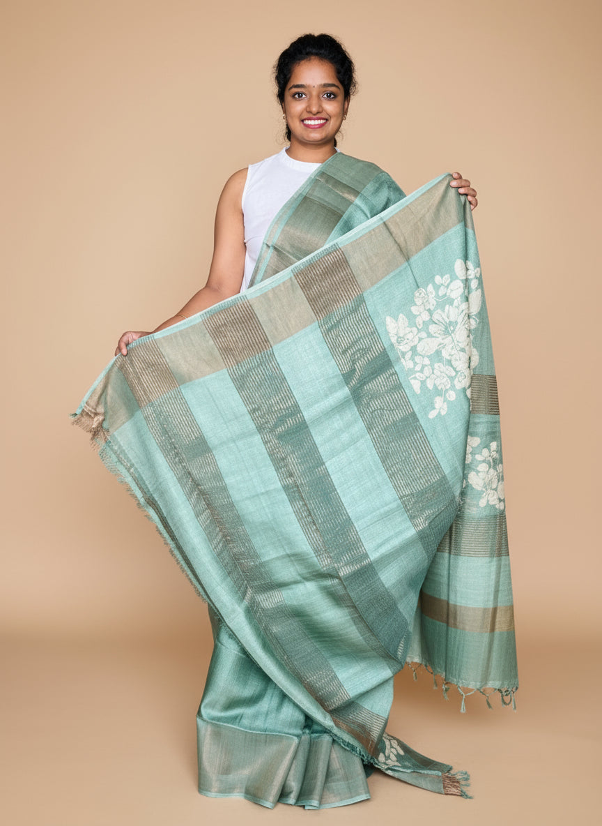 Olive Green Tussar Silk Saree with Prints