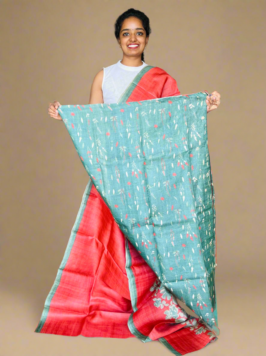 Red and Olive Green Tussar Silk Saree with Prints