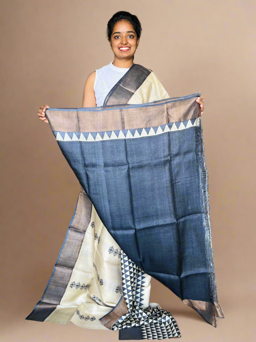 Cream and Black Tussar Silk Saree with Prints