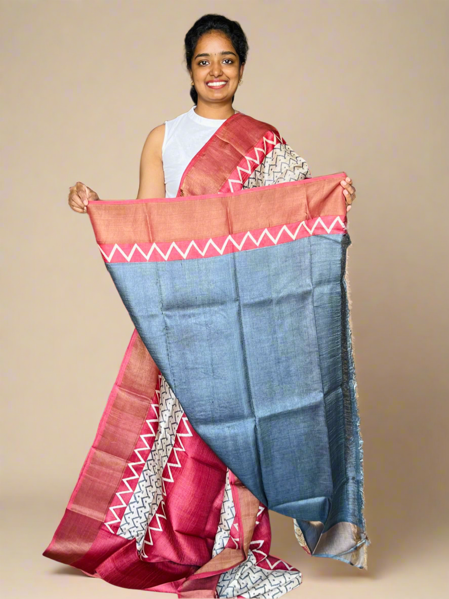 Maroon Tussar Silk Saree with Prints