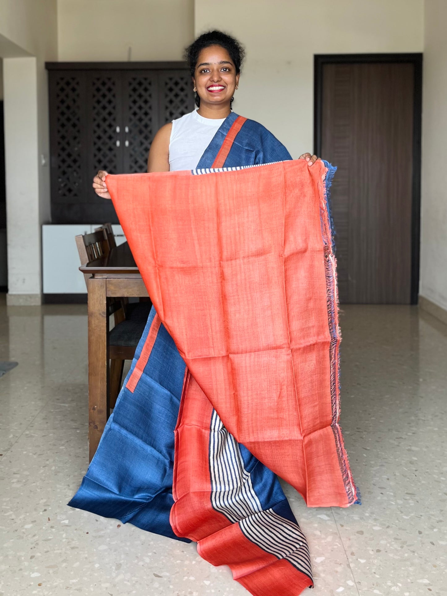 Blue and Orange Tussar Silk Saree with Prints