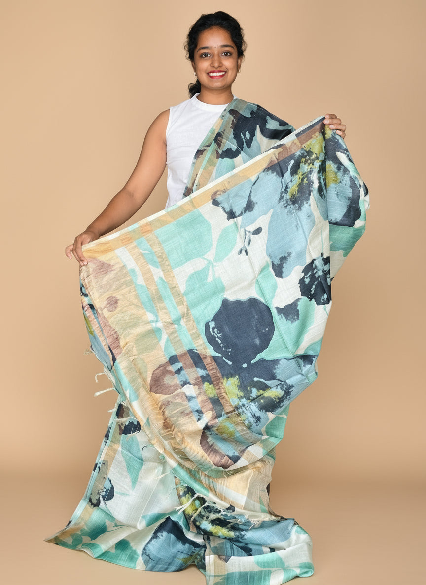 Cream and Blue Tussar Silk Saree with Prints
