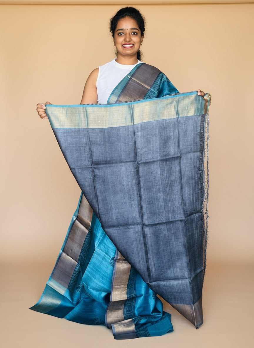 Teal Green Tussar Silk Saree with Prints