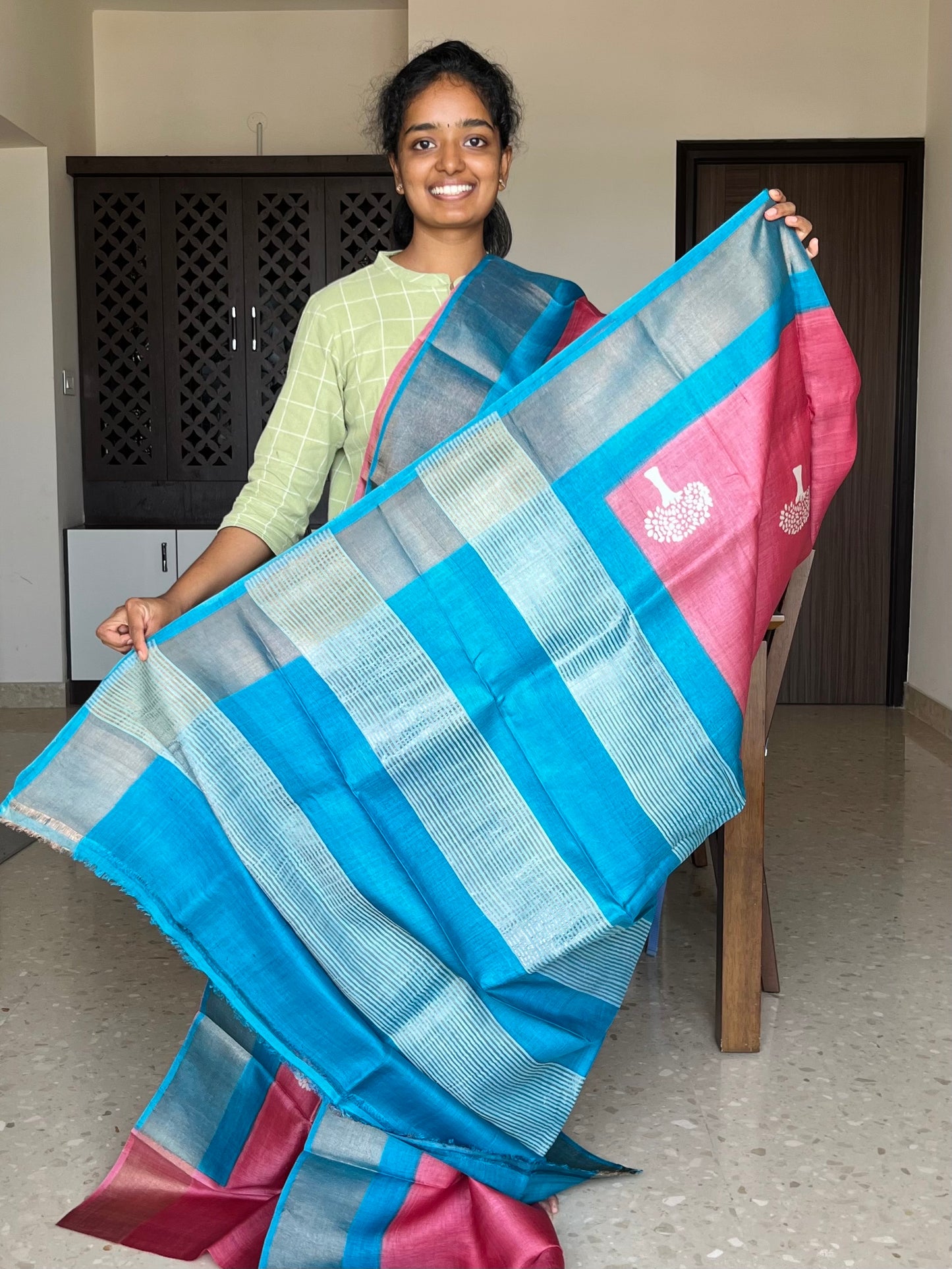 Pink and Blue Tussar Silk Saree with Prints