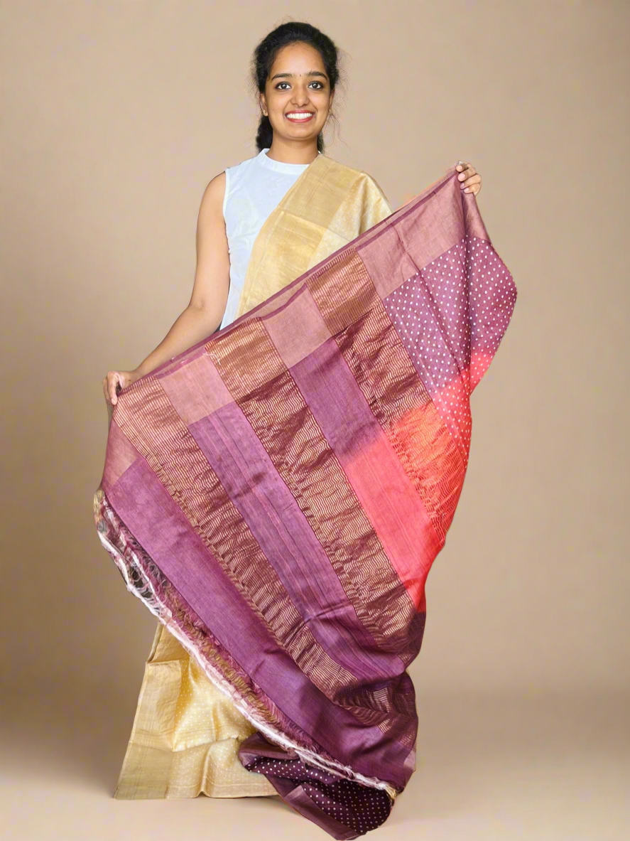 Sandal and Maroon Tussar Silk Saree with Print