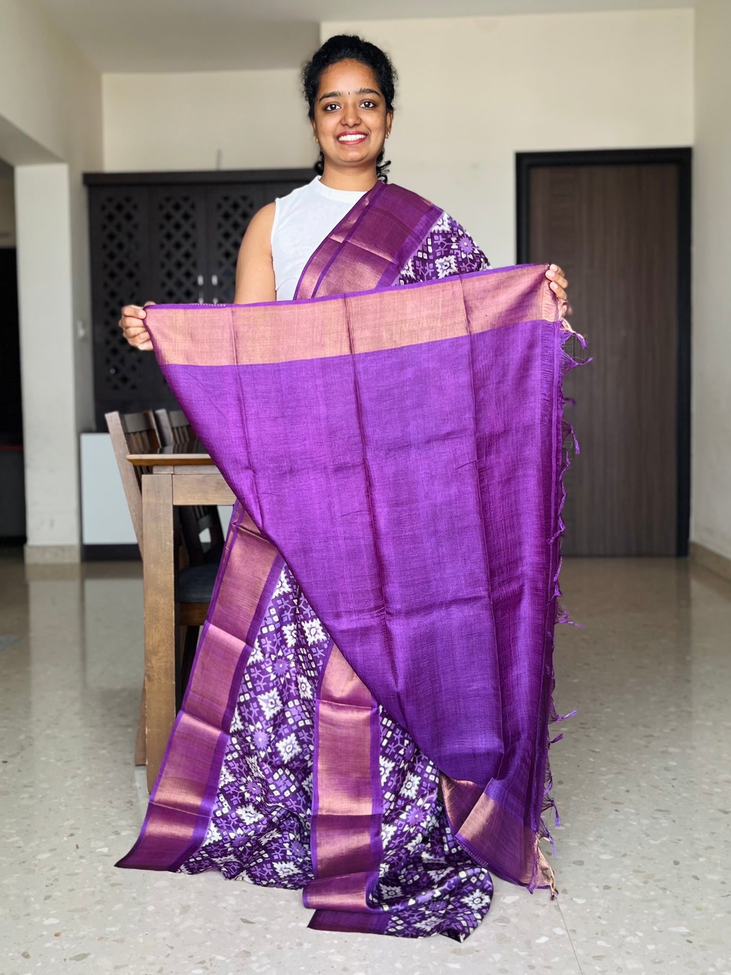 Purple Tussar Silk Saree with Prints