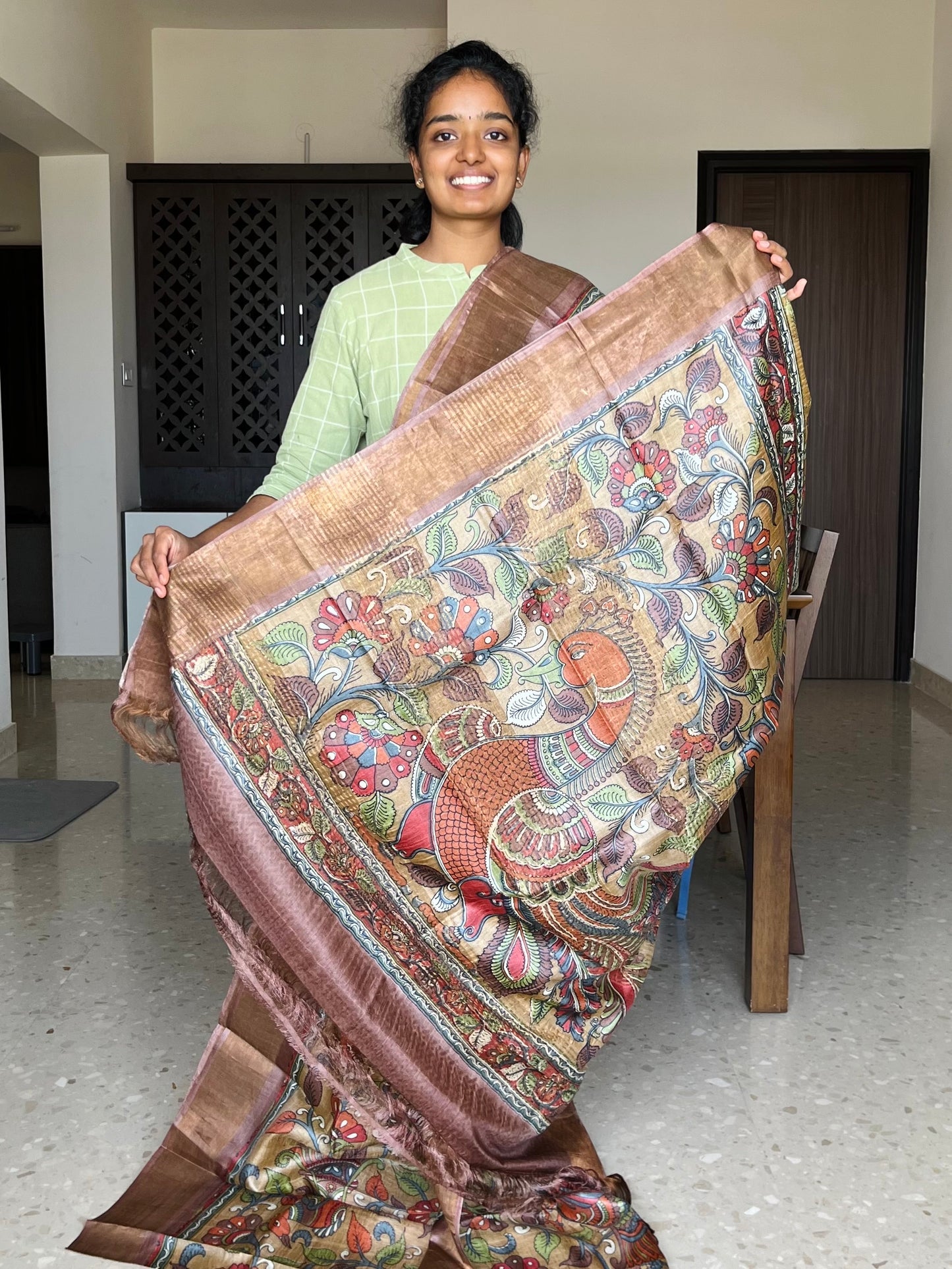 Olive Green and Brown Tussar Silk Saree with Prints
