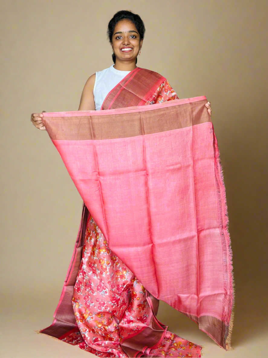 Peach Tussar Silk Saree with Prints