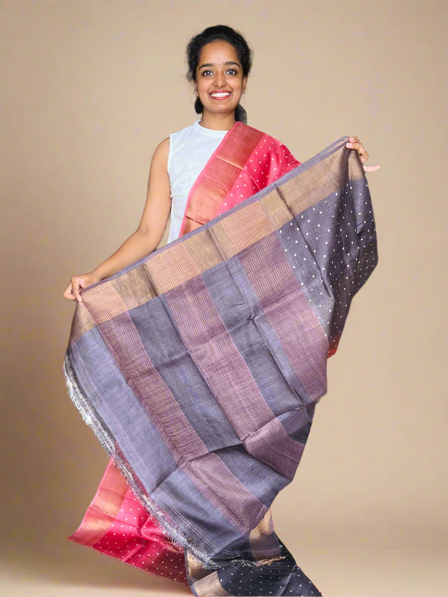 Coral, Rust and Brown Tussar Silk Saree with Prints