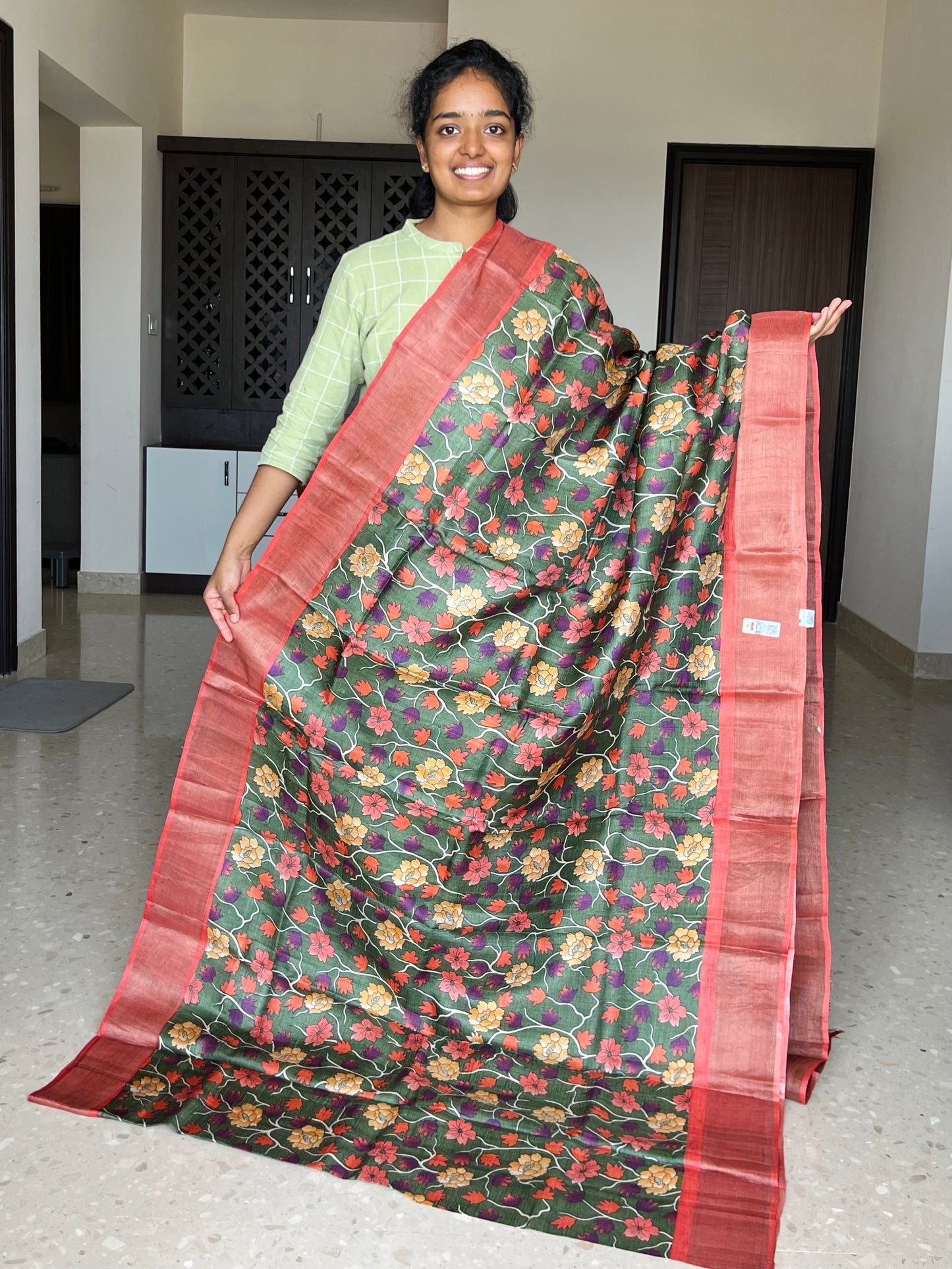 Green and Peach Tussar Silk Saree with Prints