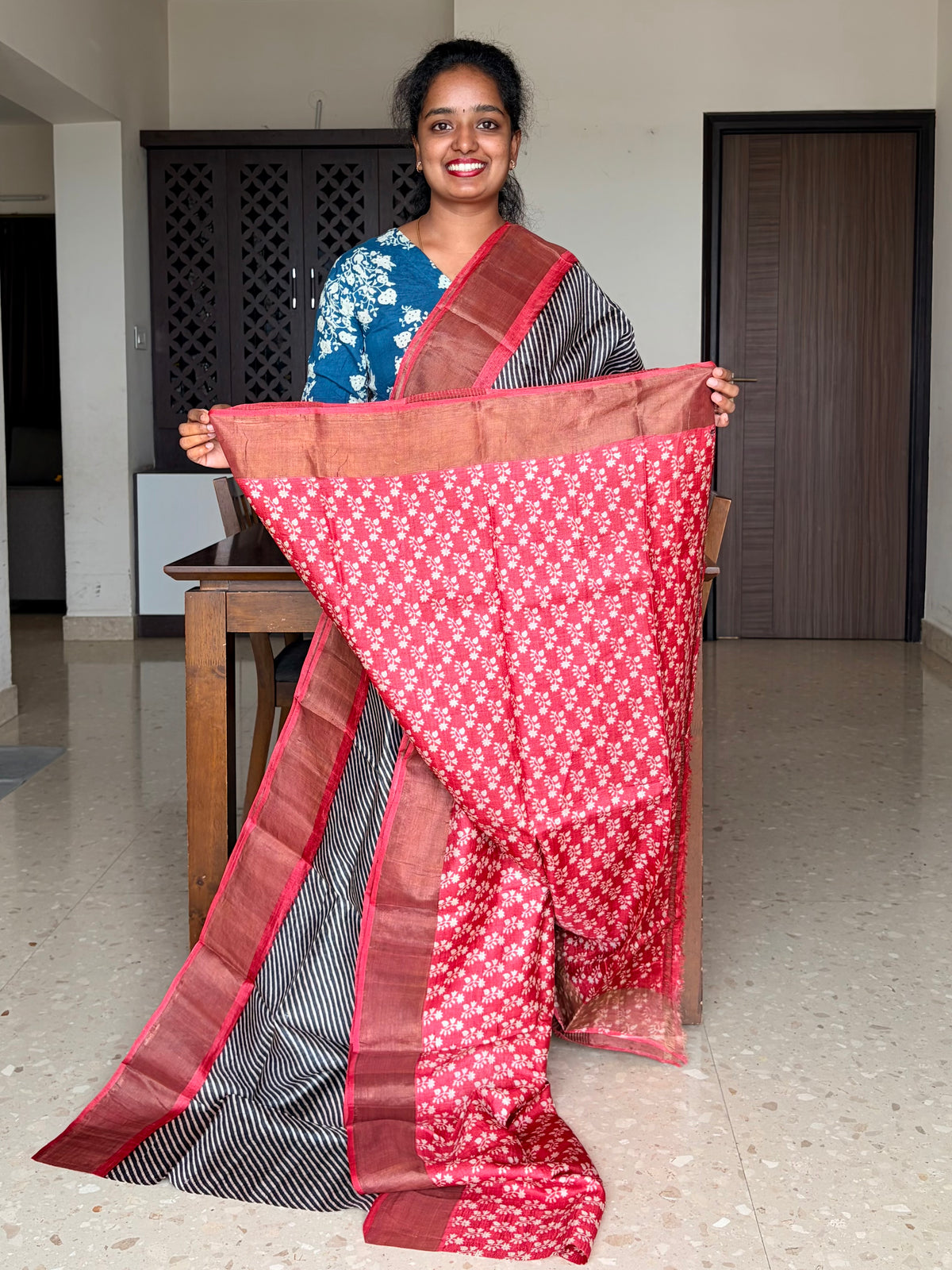 Black and Red Tussar Silk Saree with Prints