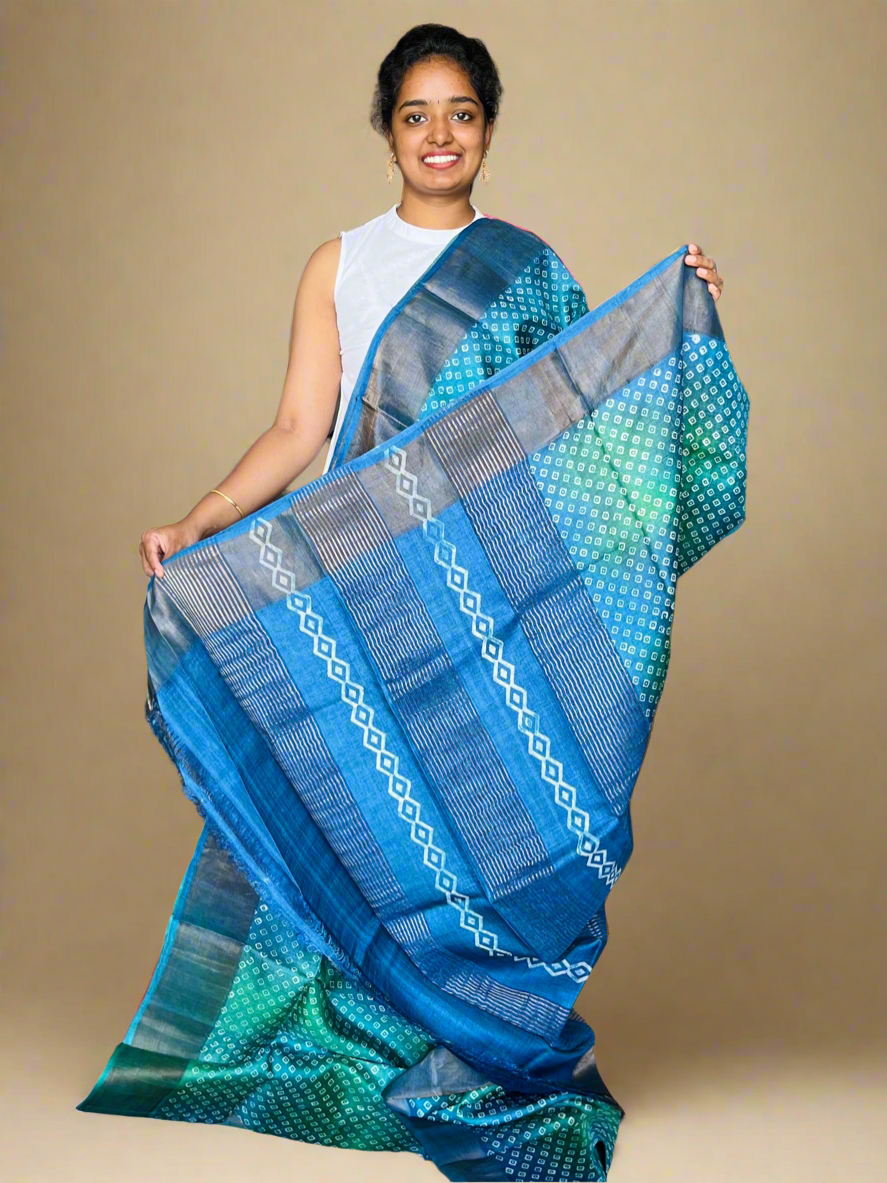 Green and Blue Tussar Silk Saree with Prints