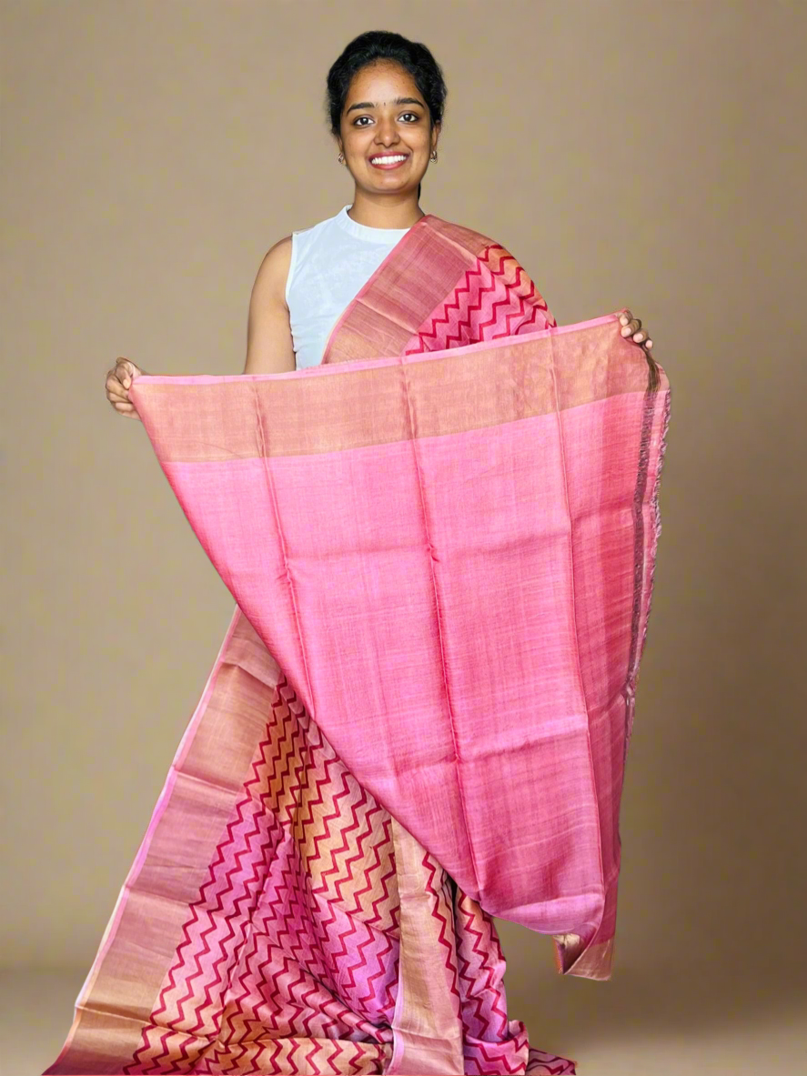 Pink and Mustard Tussar Silk Saree with Prints