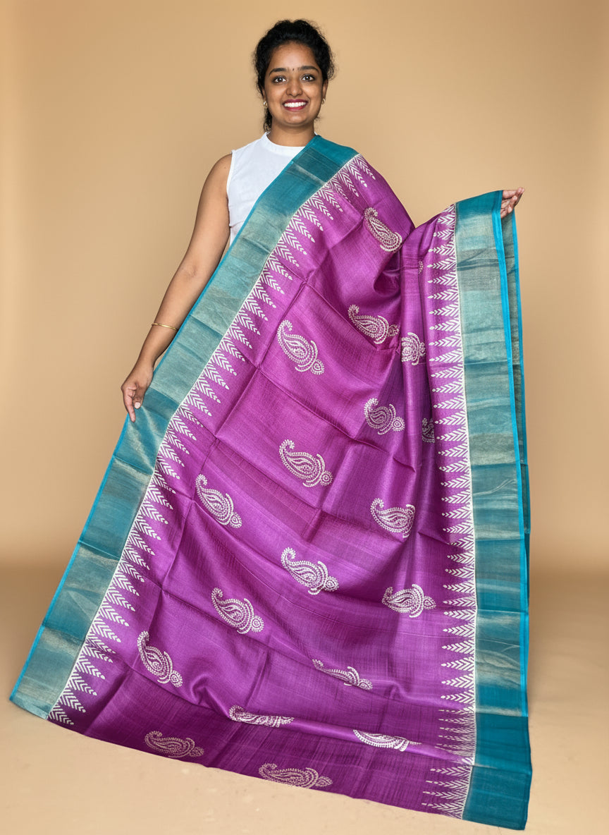 Purple and Blue Tussar Silk Saree with Prints