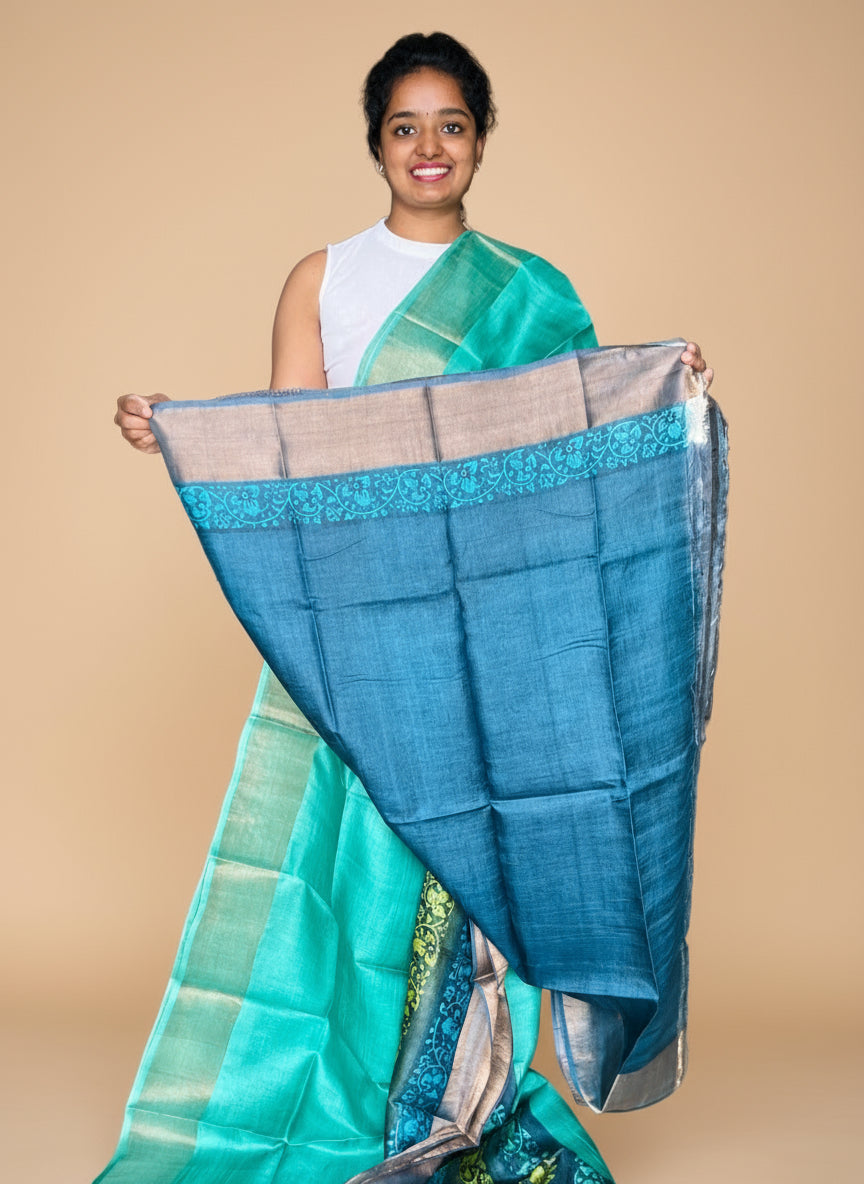 Green Tussar Silk Saree with Prints