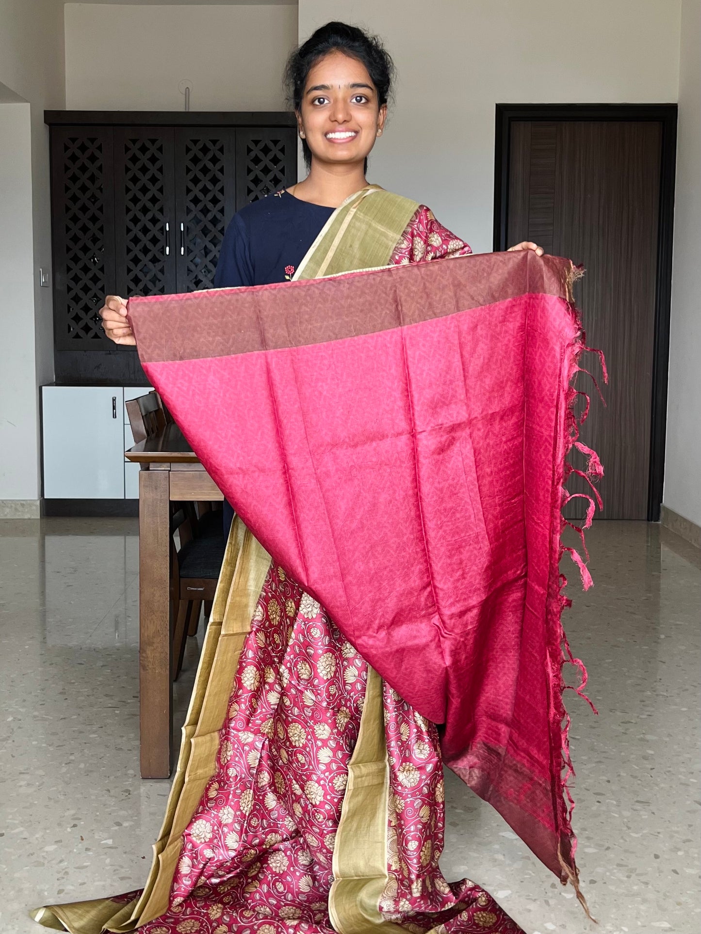 Maroon Tussar Silk Saree with Prints