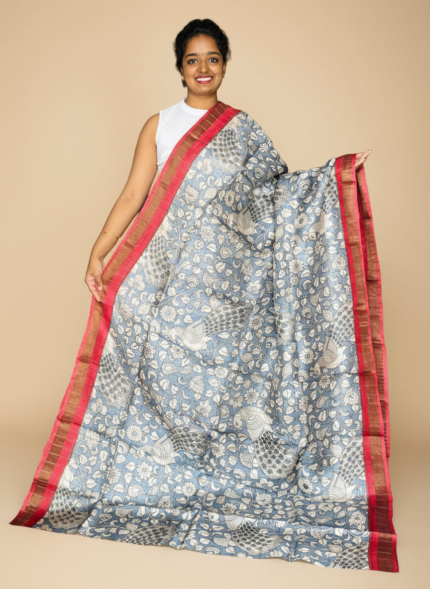 Grey and Red Tussar Silk Saree with Prints