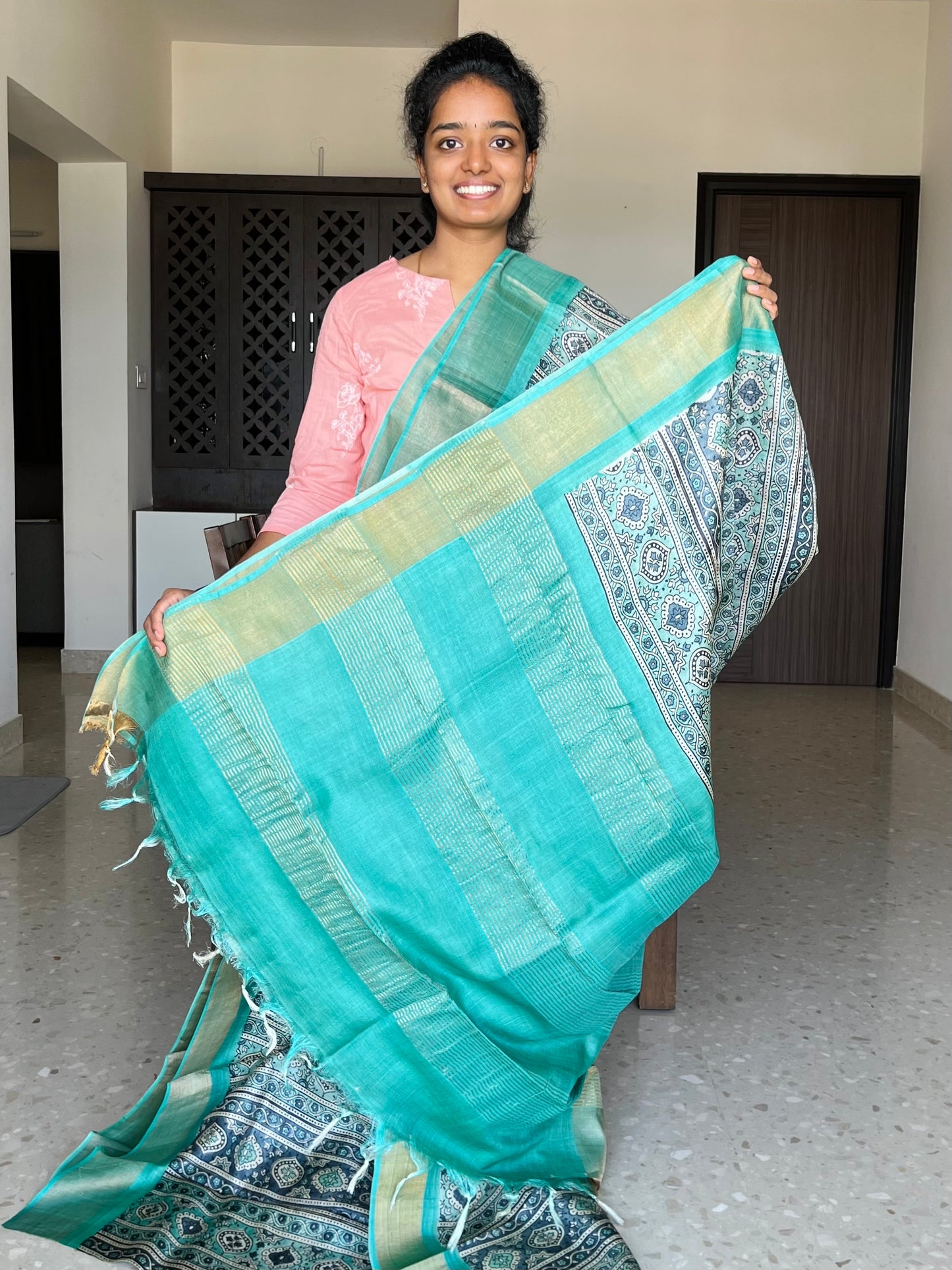 Grey and Cyan Tussar Silk Saree with Prints