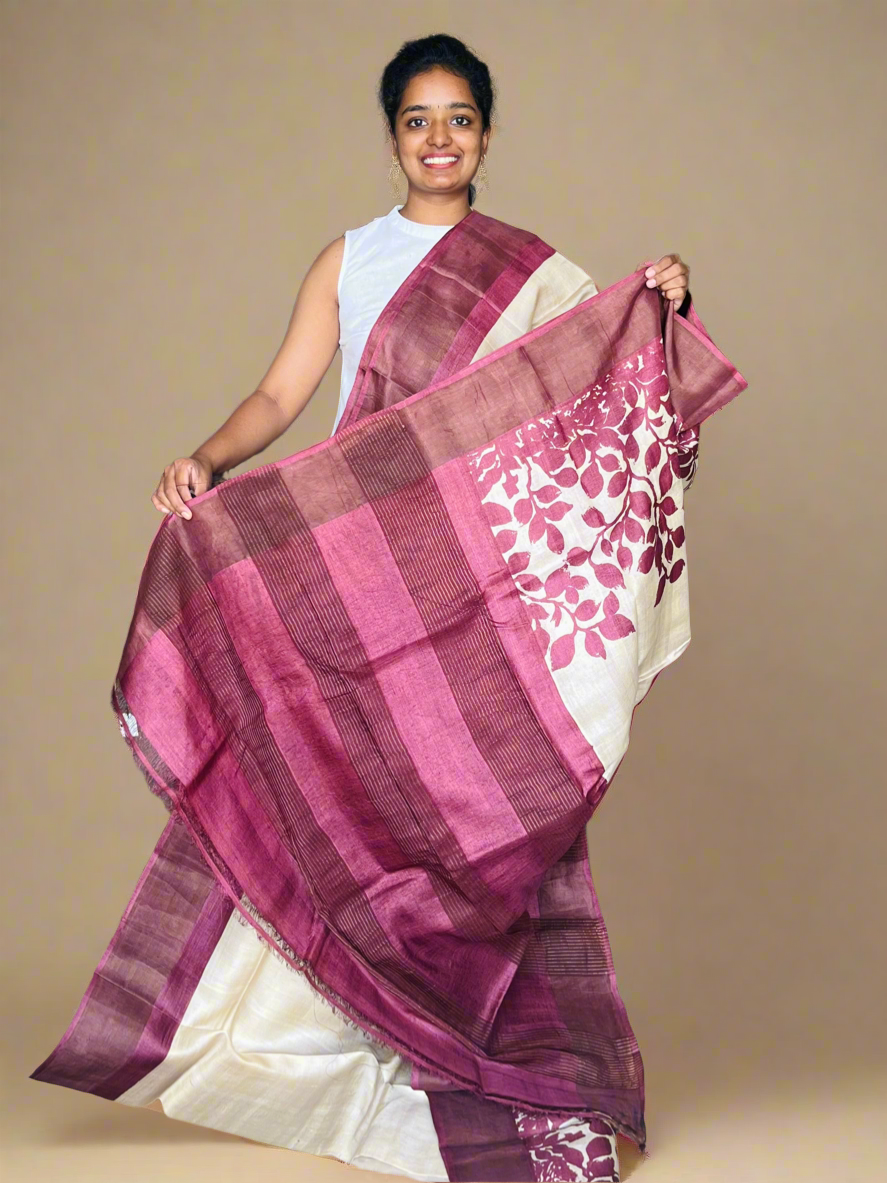 Cream and Maroon Tussar Silk Saree with Prints