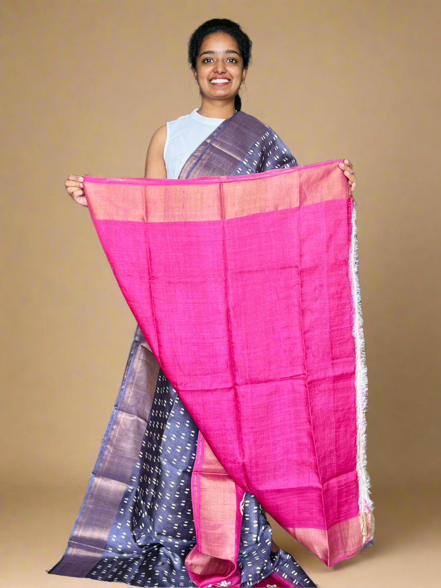 Plum and Magenta Tussar Silk Saree with Print