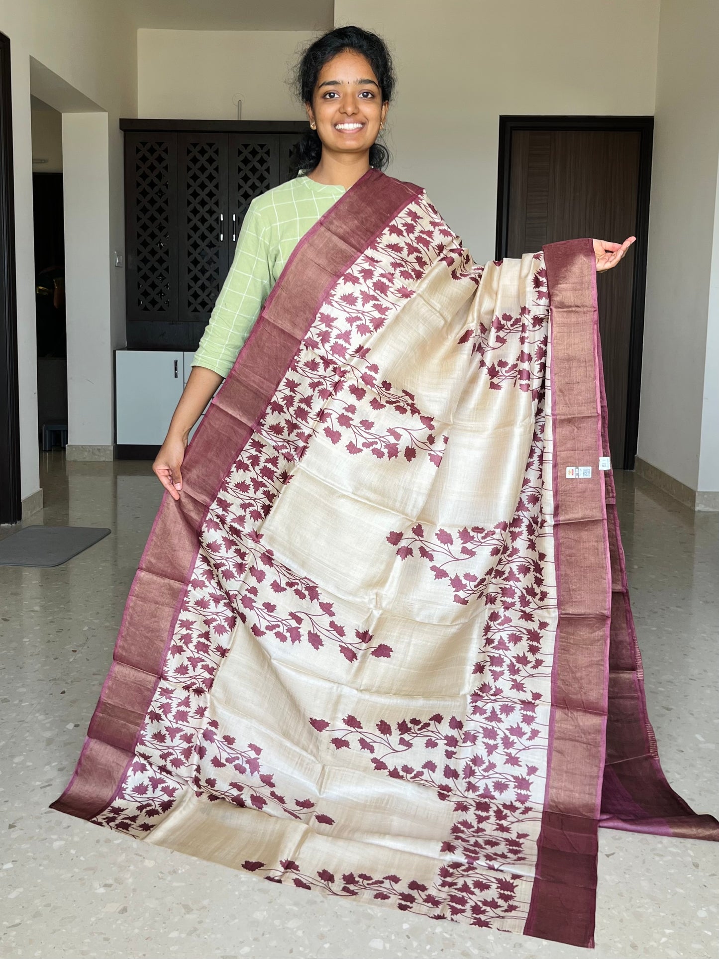 Cream and Maroon Tussar Silk Saree with Prints