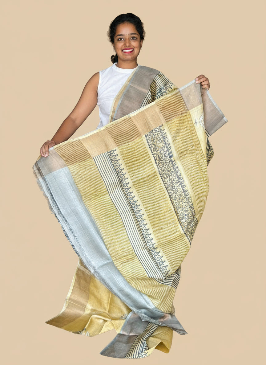 Yellow and Grey Tussar Silk Saree with Prints