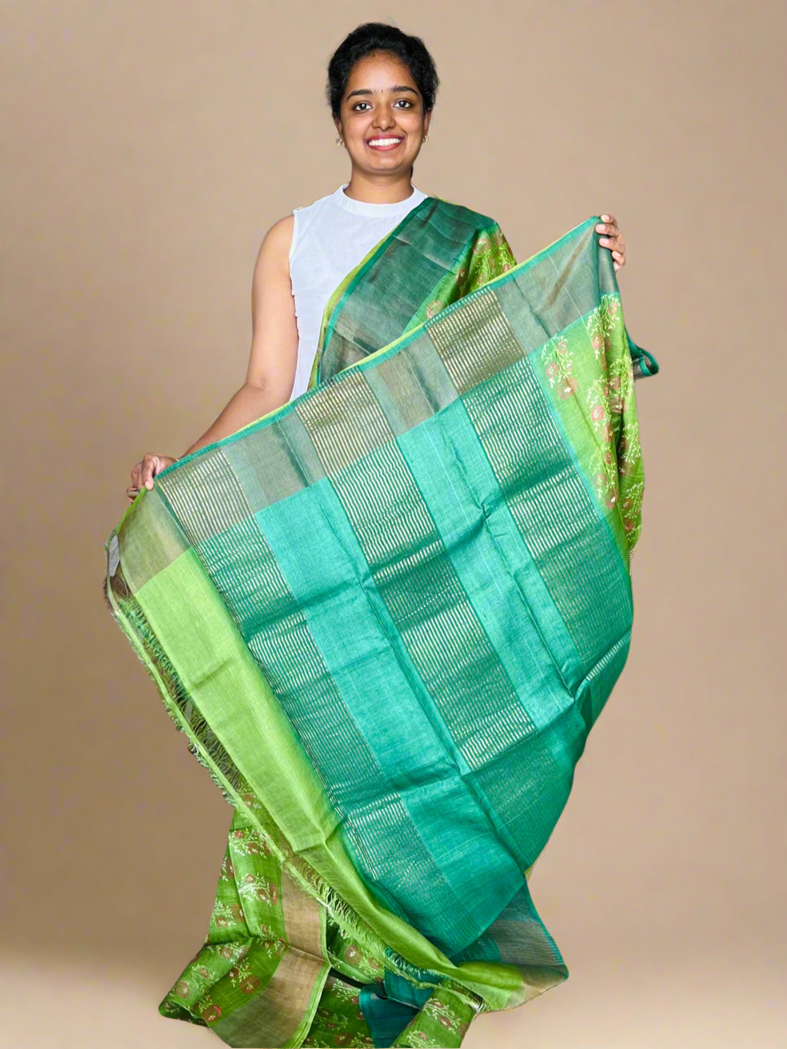 Green Tussar Silk Saree with Prints