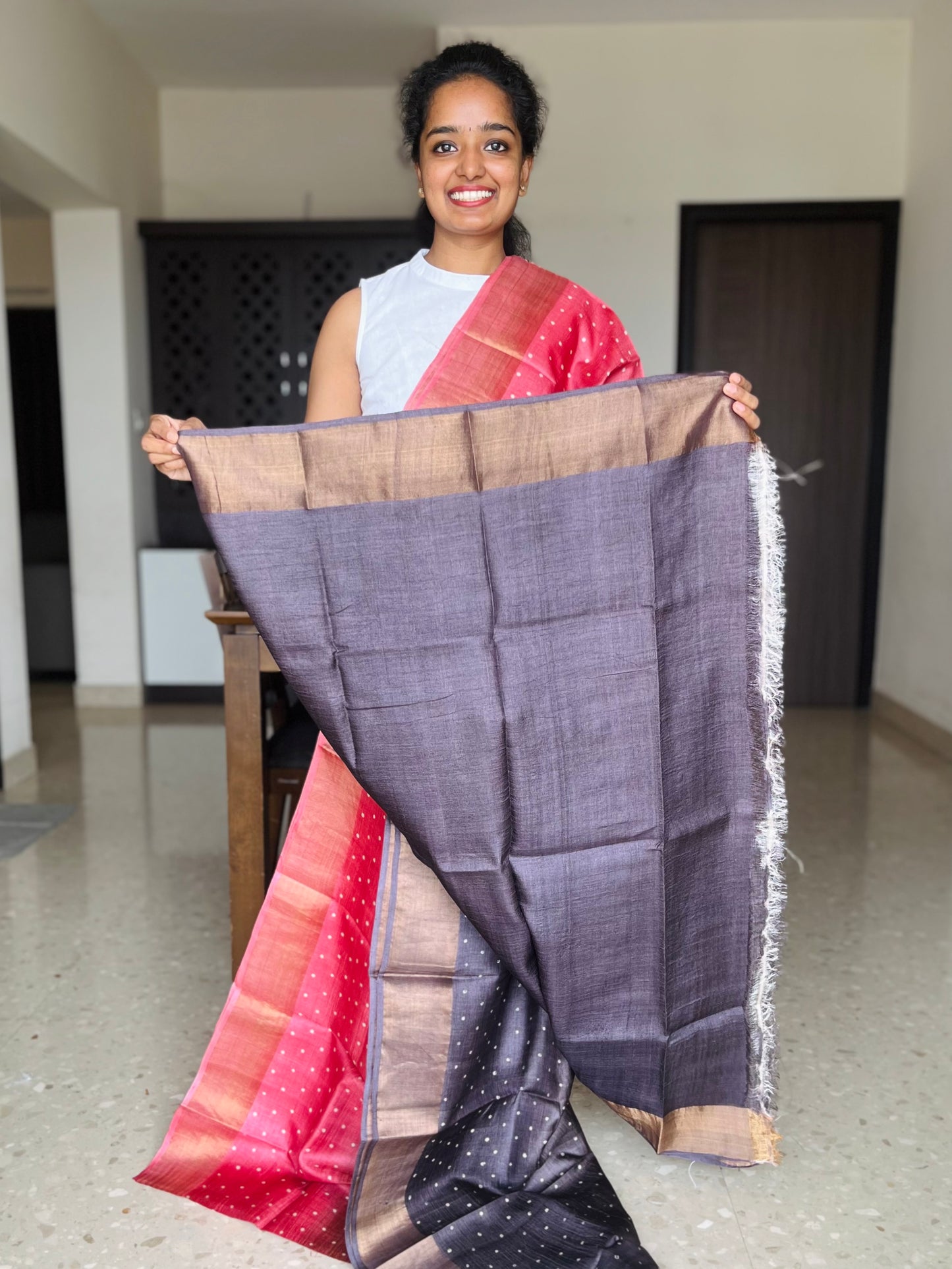Coral, Rust and Brown Tussar Silk Saree with Prints