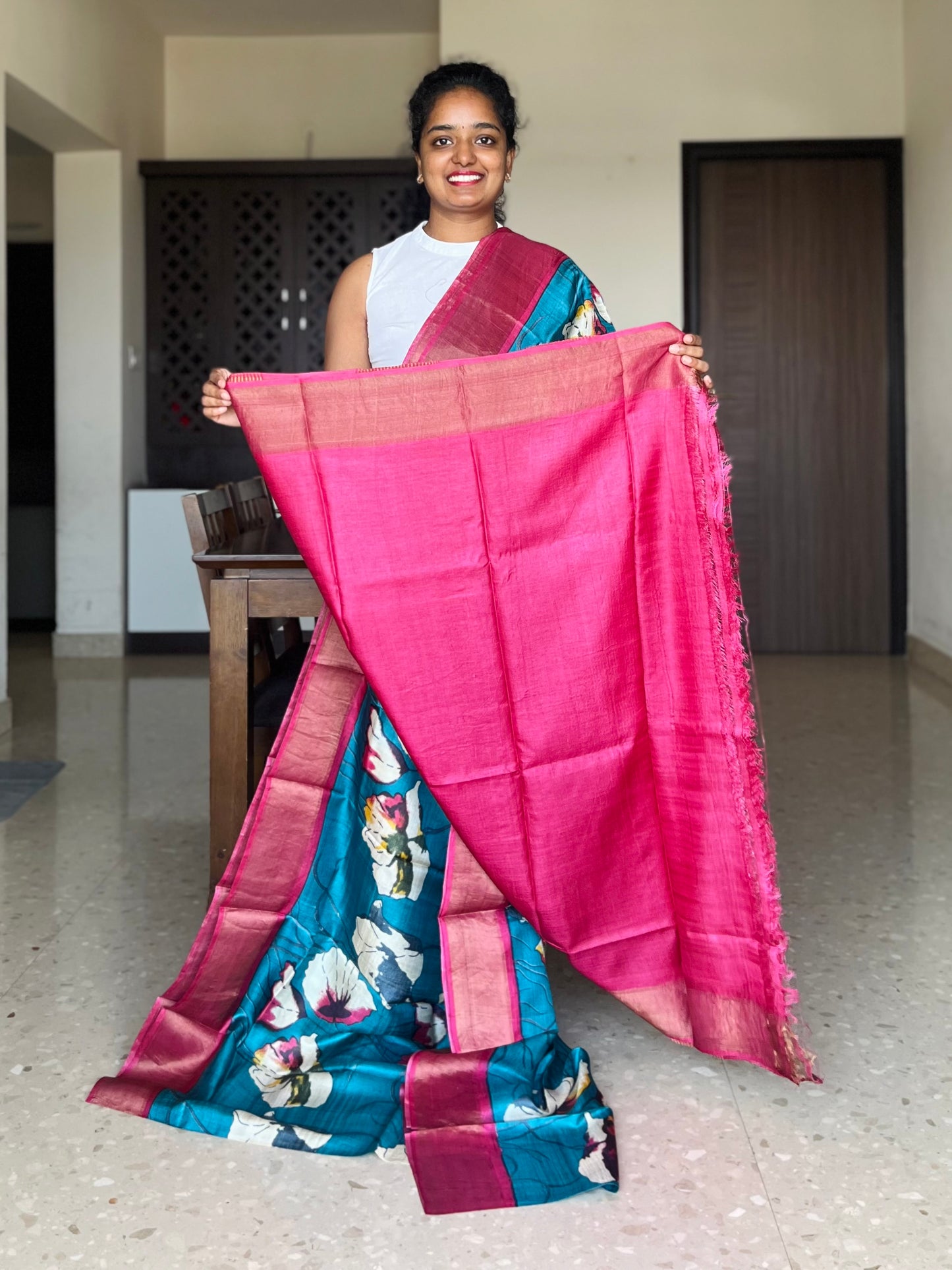 Teal and Red Tussar Silk Saree with Prints