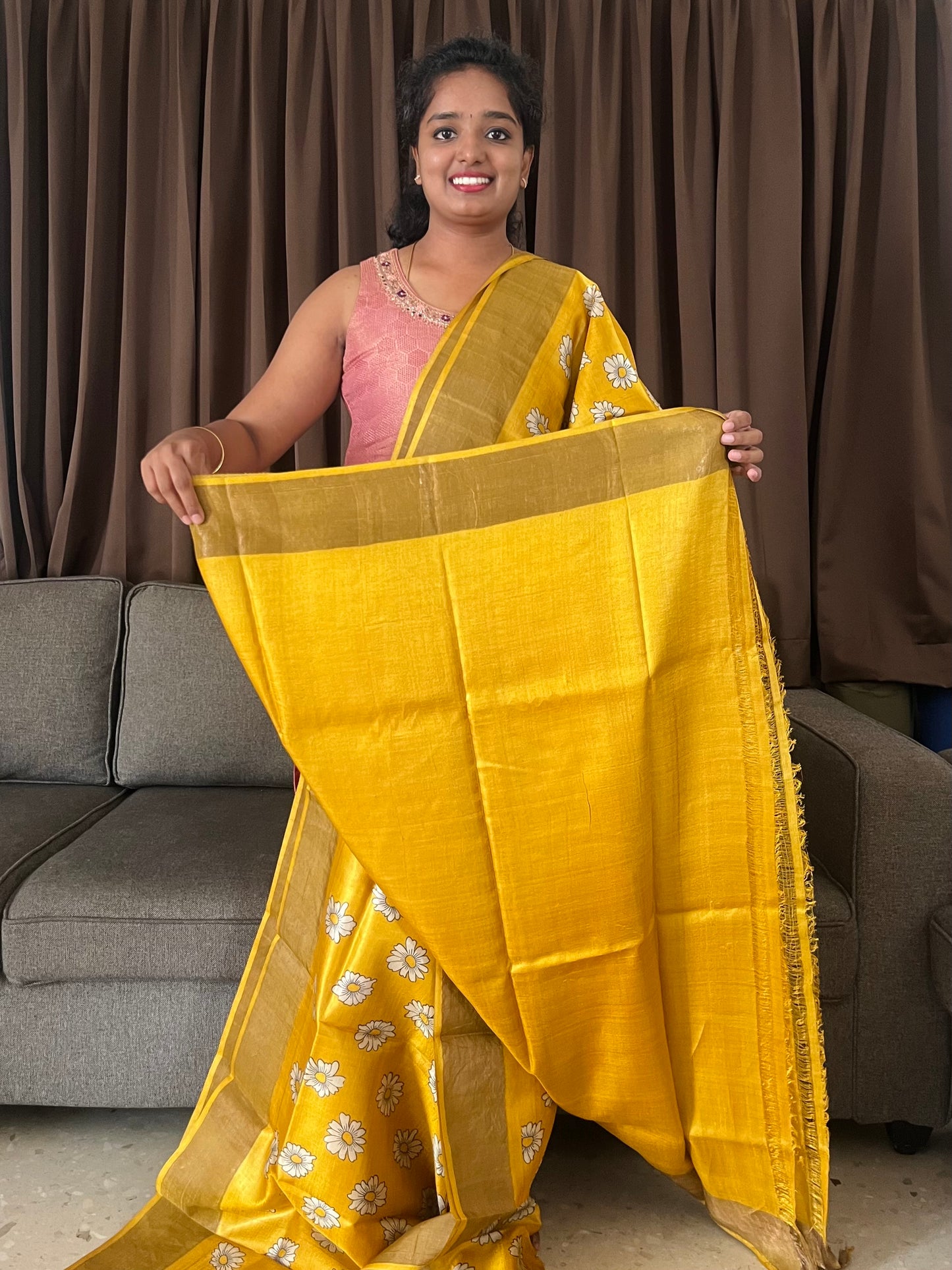 Yellow Tussar Silk Saree with Prints