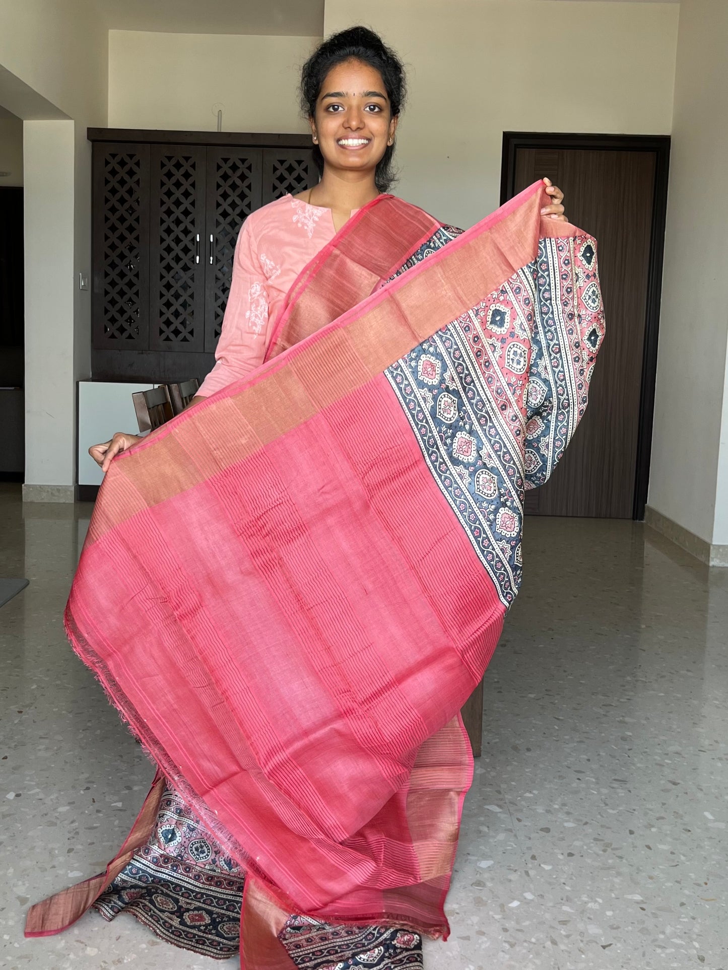 Grey and Peach Tussar Silk Saree with Prints